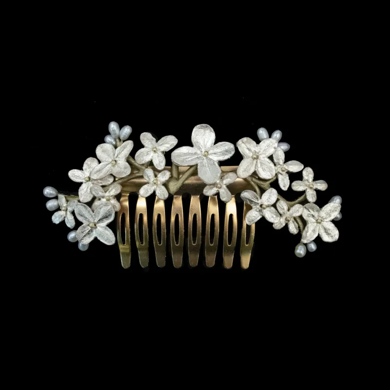 White Hydrangea Hair Comb (Gold Tone) made by Michael Michaud