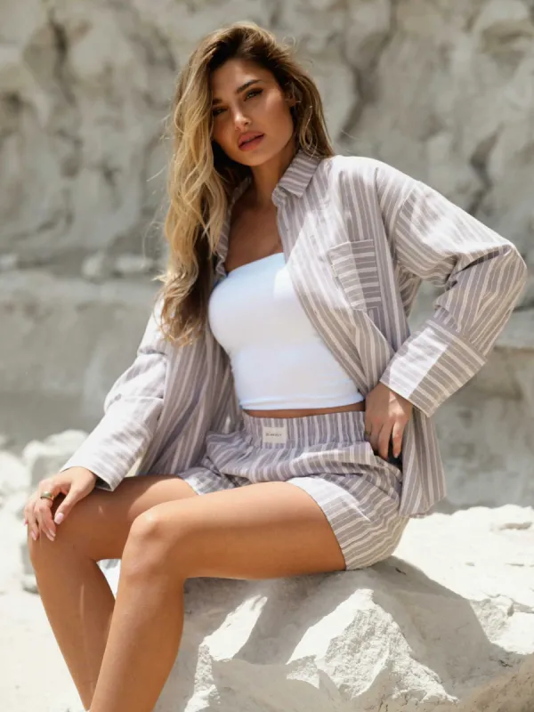 Elena Stripe Shirt - Light Brown sold by Blakely