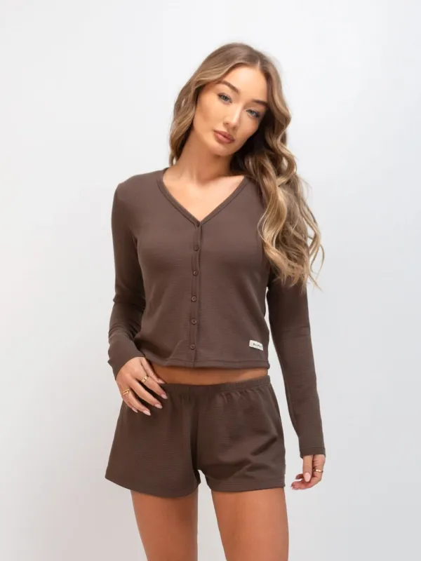 Soft Waffle Cardigan & Shorts Set - Brown sold by Blakely
