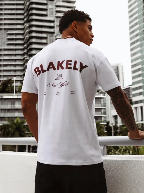 Crest Relaxed T-Shirt - White & Classic Burgundy sold by Blakely