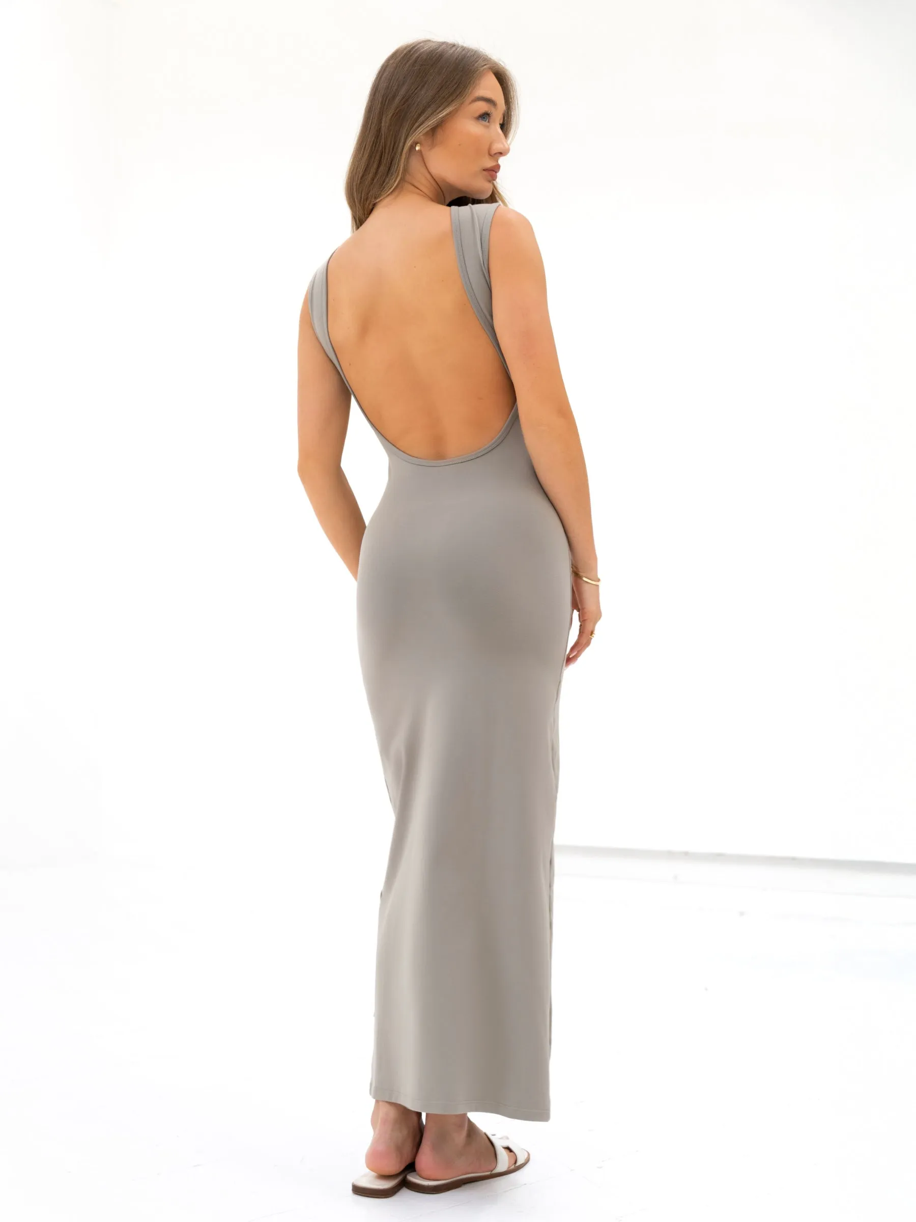 Solea Backless Maxi Dress - Neutral Grey sold by Blakely