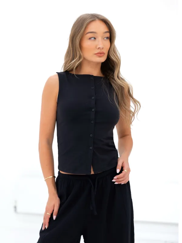 Lucia Button Up Top - Black sold by Blakely