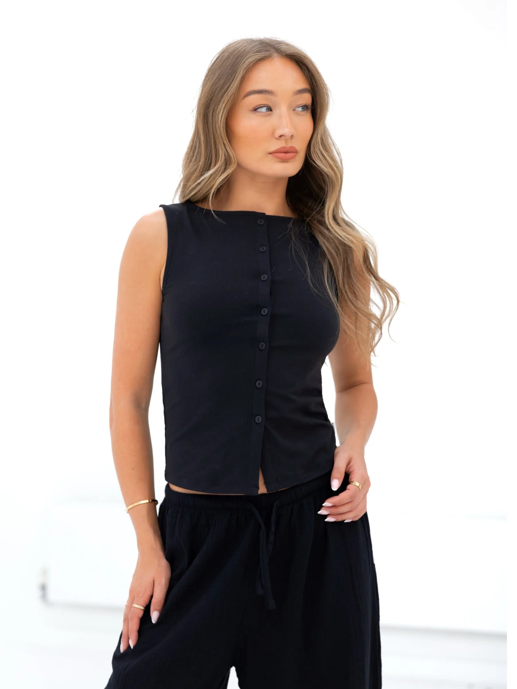 Lucia Button Up Top - Black sold by Blakely