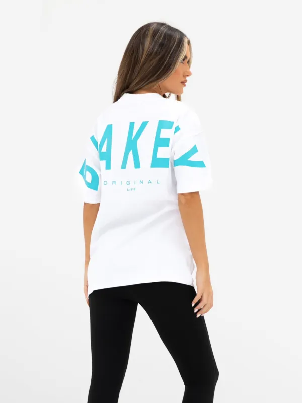 Isabel Oversized T-Shirt - White & Aqua sold by Blakely