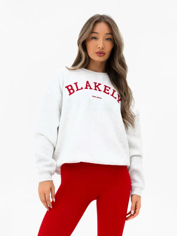 Varsity Oversized Jumper - Marl White & Chilli Red sold by Blakely