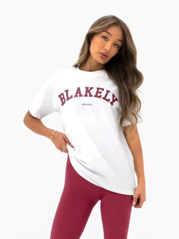 Varsity Oversized T-Shirt - White & Deep Pink sold by Blakely