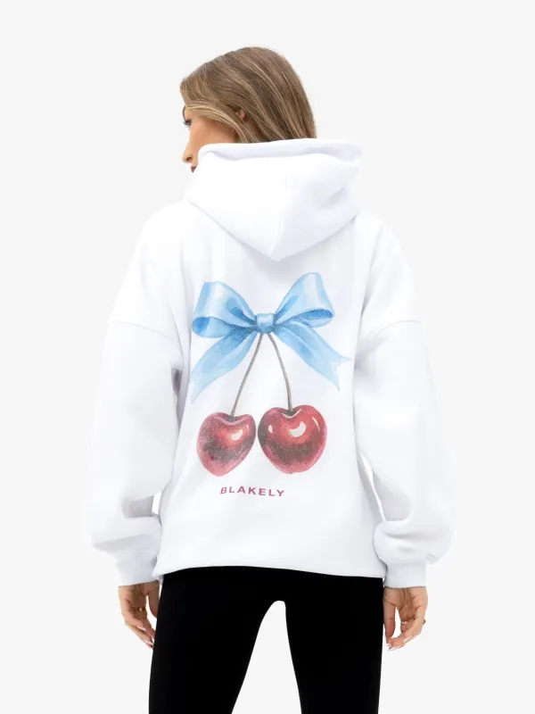 Charli Cherry Print Oversized Hoodie - White sold by Blakely