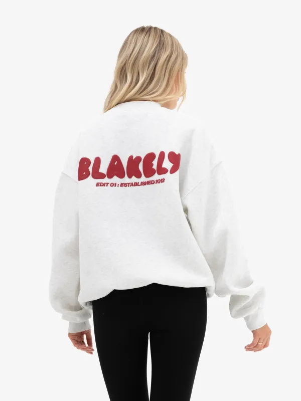 Cloud Print Oversized Jumper - Marl White & Cherry Red sold by Blakely