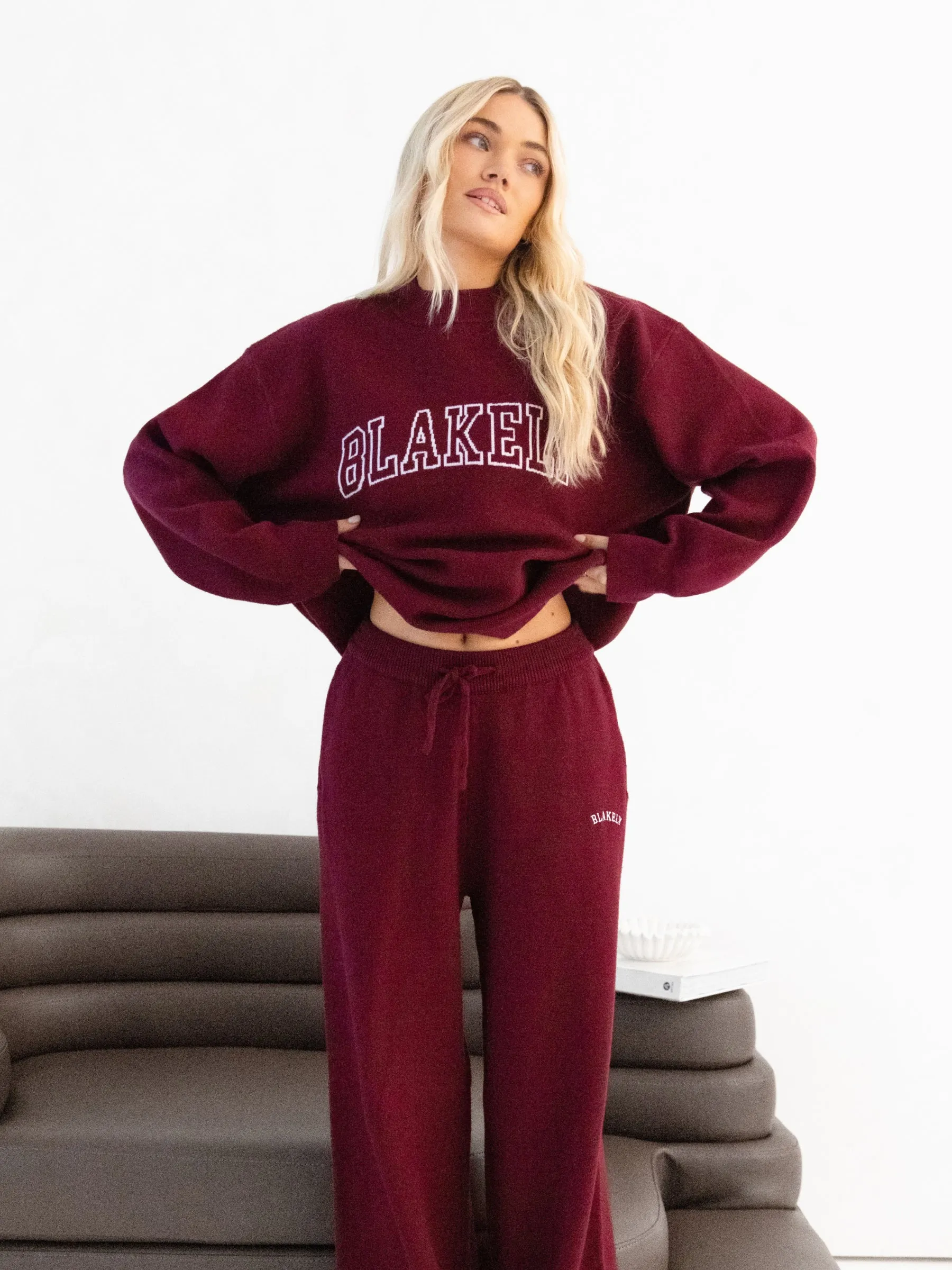 Varsity Knitted Wide Leg Sweatpants - Burgundy sold by Blakely product image thumbnail 5