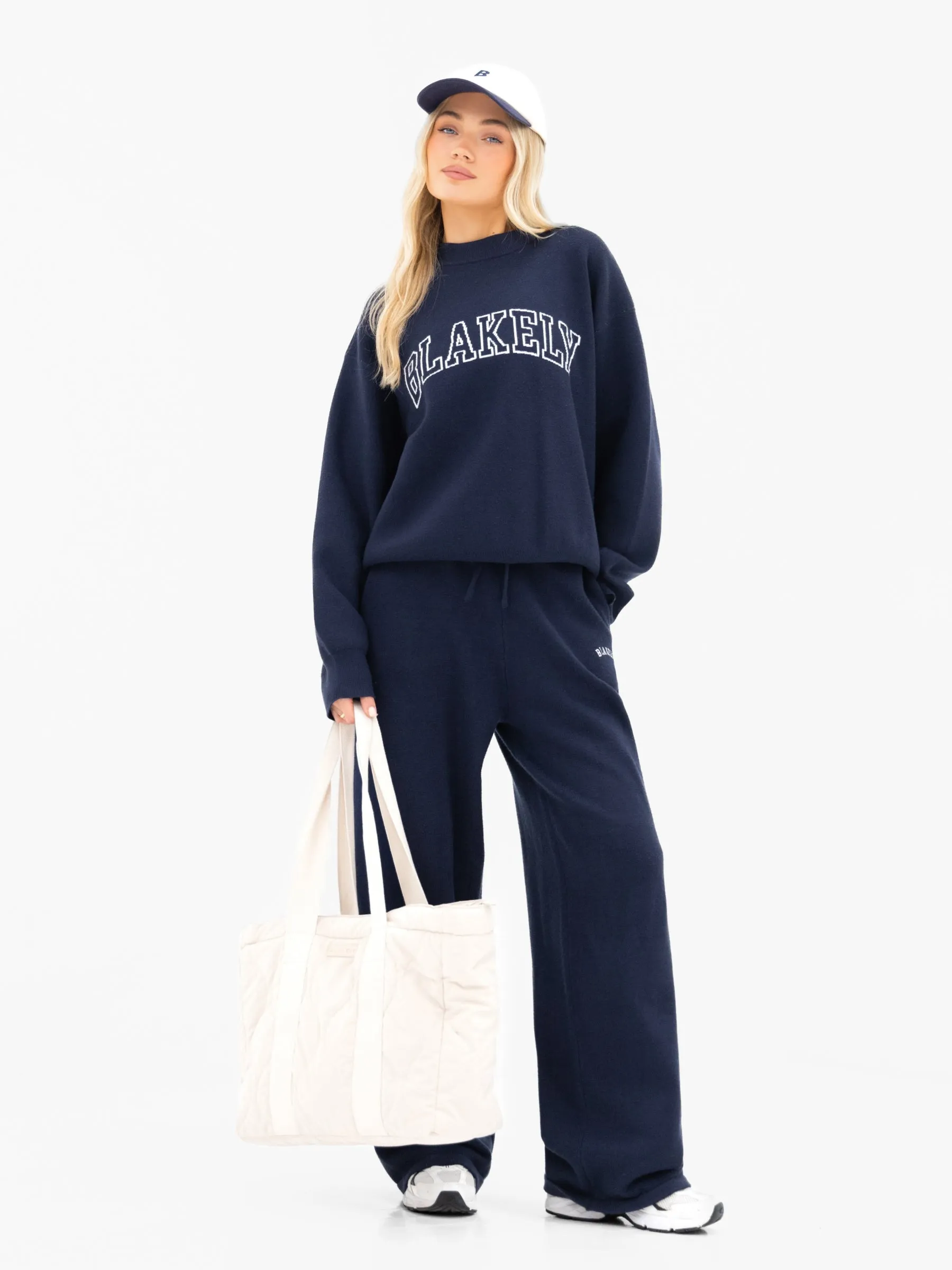 Varsity Knitted Wide Leg Sweatpants - Navy sold by Blakely product image thumbnail 3