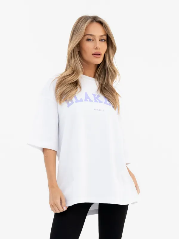 Varsity Ultra Oversized T-Shirt - White & Lilac sold by Blakely