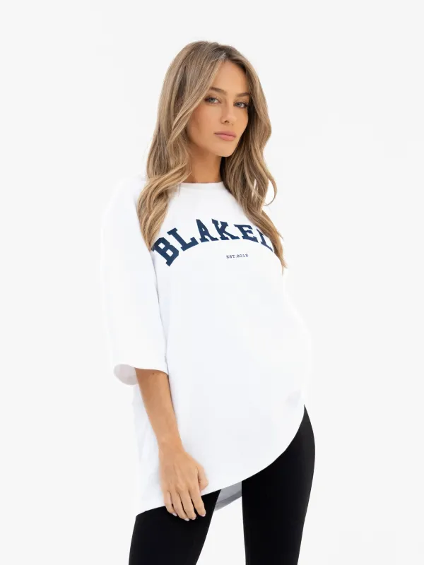Varsity Ultra Oversized T-Shirt - White & True Navy made by Blakely