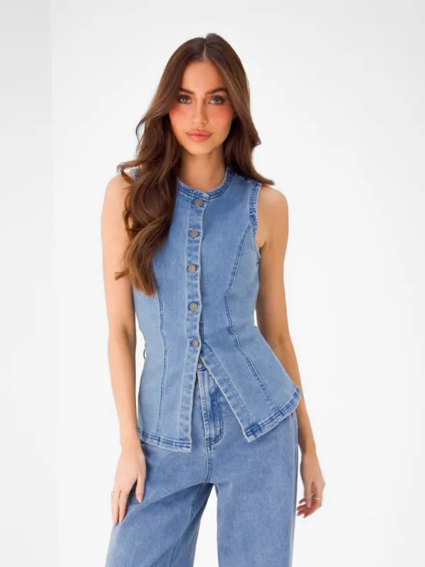 Blakely Denim Button Up Top - Light Blue made by Blakely