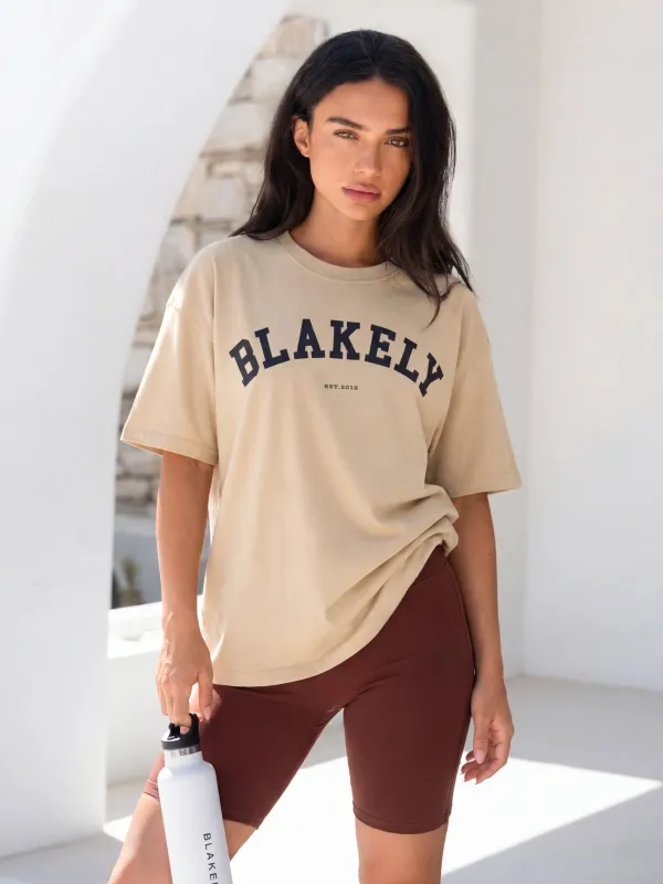 Varsity Oversized T-Shirt & Ultimate Soft Lifestyle Shorts Set - Tan & Maroon Brown made by Blakely