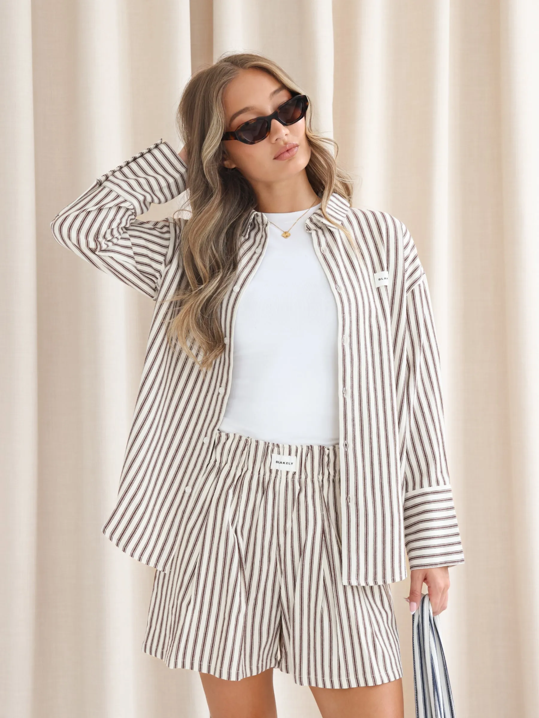 Lou Oversized Stripe Shirt - Chestnut Brown sold by Blakely