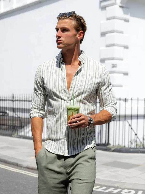 Raffi Long Sleeve Stripe Cotton Shirt - White & Green made by Blakely