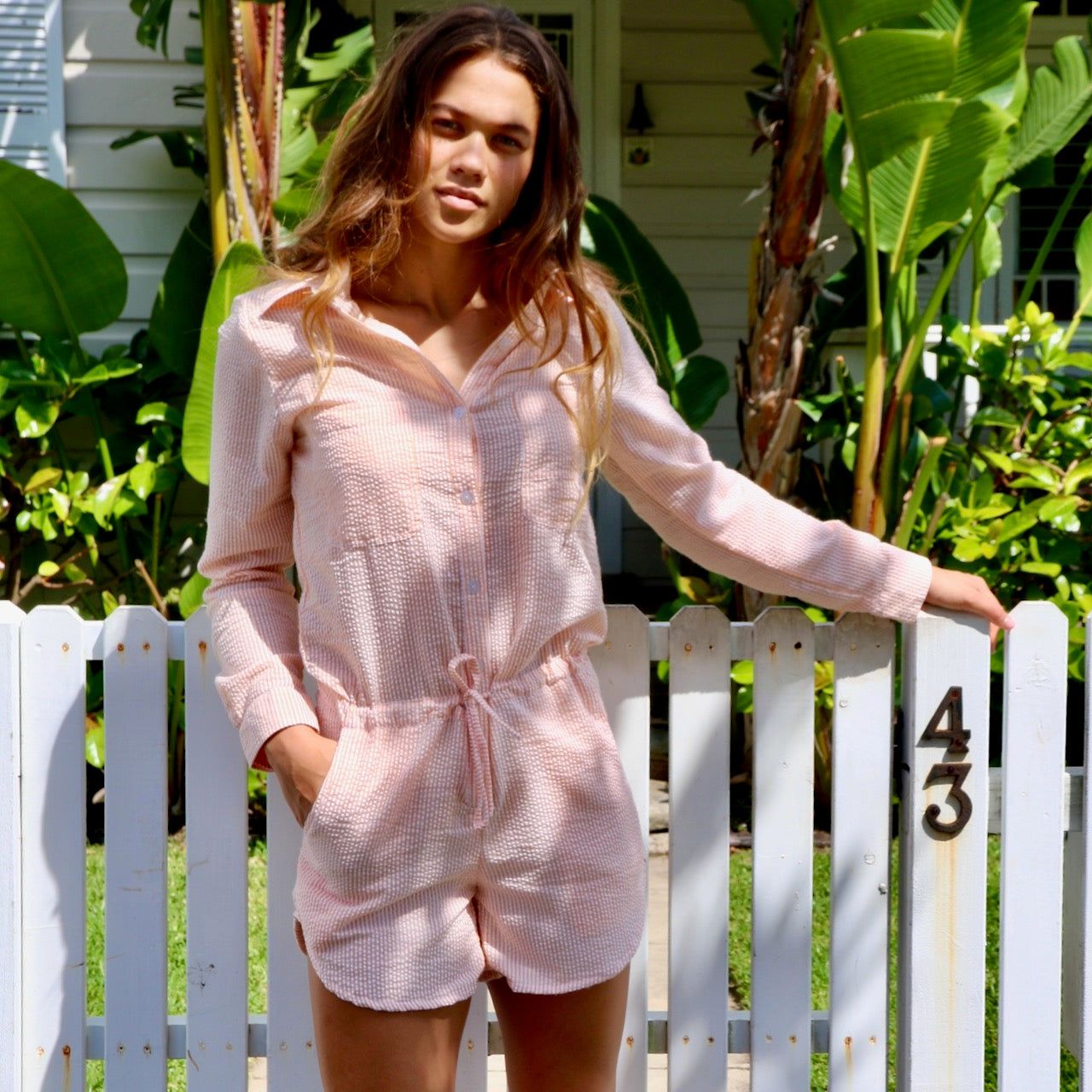 LOUIE ROMPER - COTTON SEERSUCKER - PEACH/WHITE STRIPE sold by South of the Border product image thumbnail 2