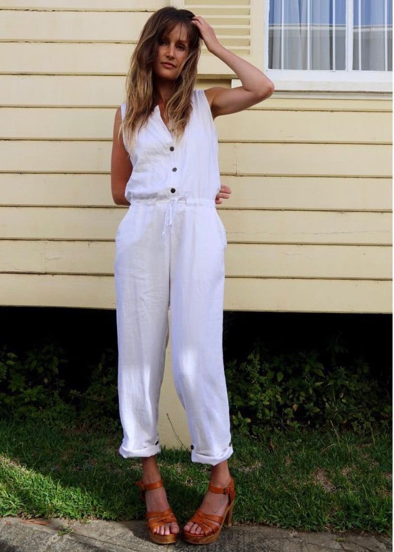 REBEKAH WASHED LINEN JUMPSUIT - WHITE sold by South of the Border