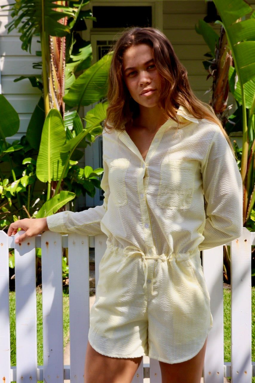 LOUIE ROMPER - COTTON SEERSUCKER - LEMON/WHITE STRIPE sold by South of the Border product image thumbnail 2