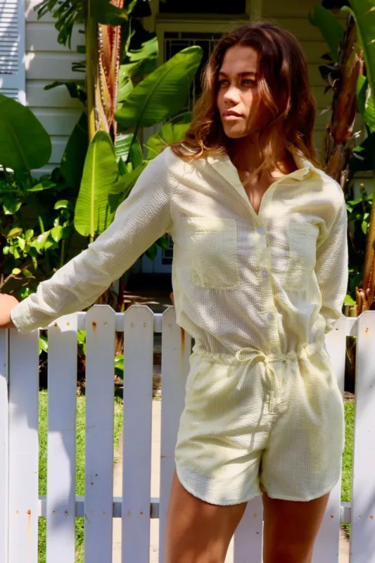 LOUIE ROMPER - COTTON SEERSUCKER - LEMON/WHITE STRIPE sold by South of the Border