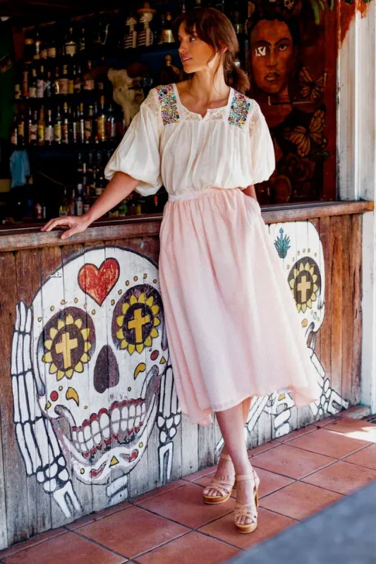 AUDREY SKIRT : SEERSUCKER PEACH/WHITE STRIPE sold by South of the Border