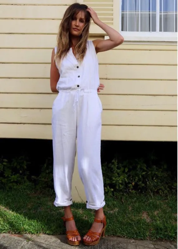 REBEKAH WASHED LINEN JUMPSUIT - WHITE sold by South of the Border
