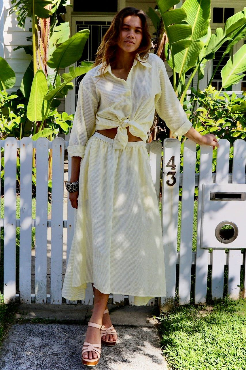 AUDREY SKIRT : SEERSUCKER LEMON/WHITE STRIPE sold by South of the Border