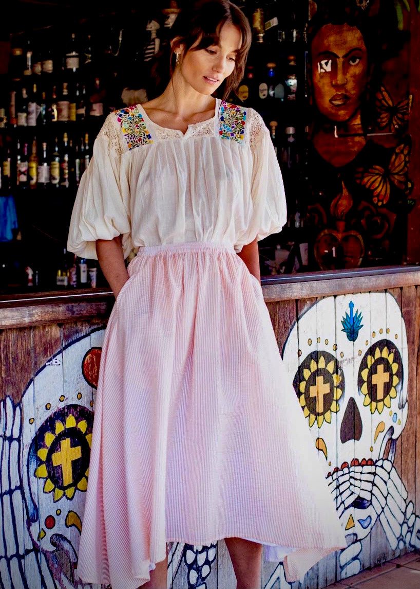 AUDREY SKIRT : SEERSUCKER PEACH/WHITE STRIPE sold by South of the Border product image thumbnail 2