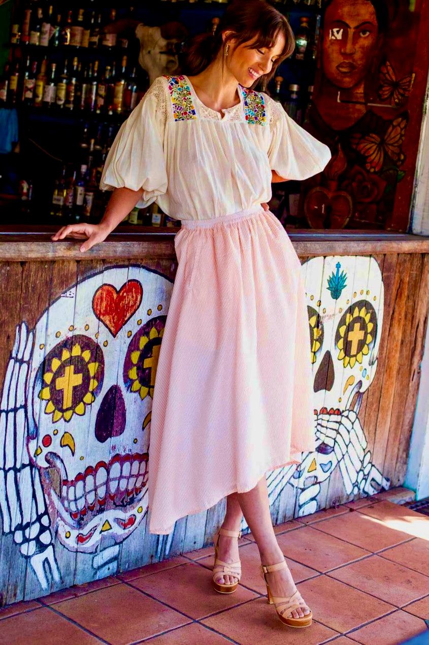 AUDREY SKIRT : SEERSUCKER PEACH/WHITE STRIPE sold by South of the Border product image thumbnail 3