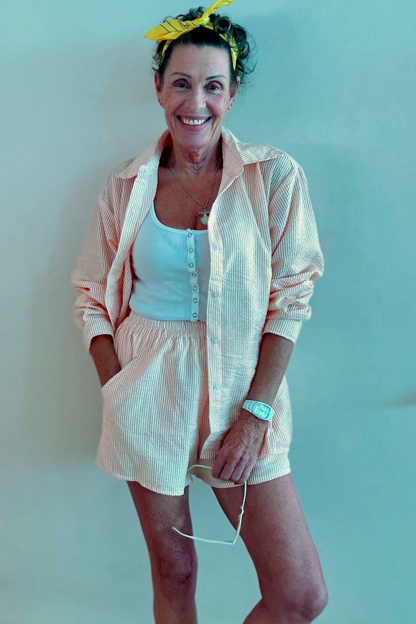 OVERSIZED SHIRT - PEACH / WHITE STRIPE SEERSUCKER sold by South of the Border