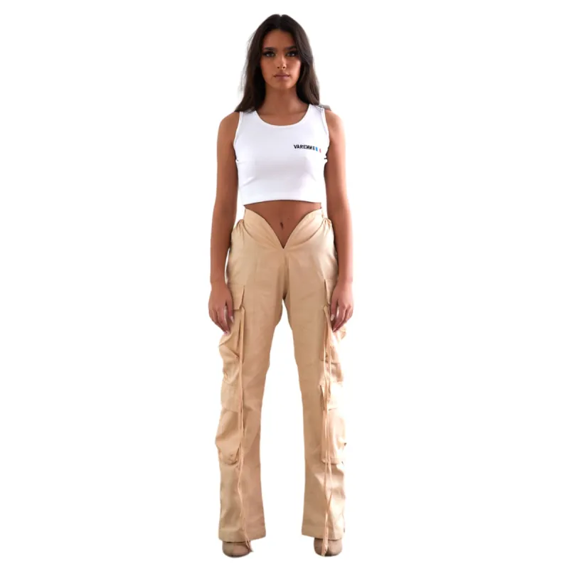 V Cut Khaki Pants Beige sold by Varenne