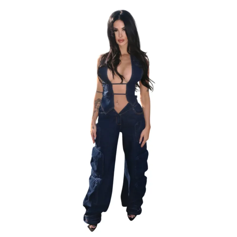 Slanted V Denim Trousers Blue made by Varenne
