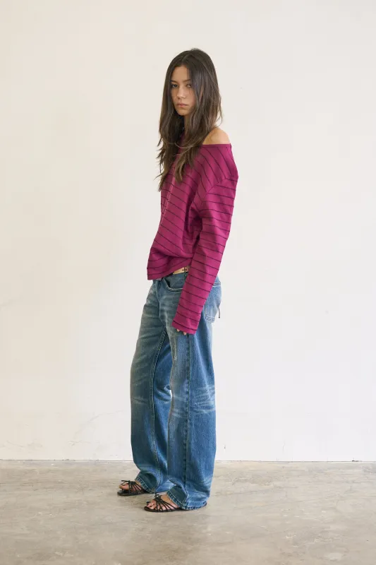 SINGLE STITCH STRIPED LONG SLEEVE [PLUM] sold by Vague Studios