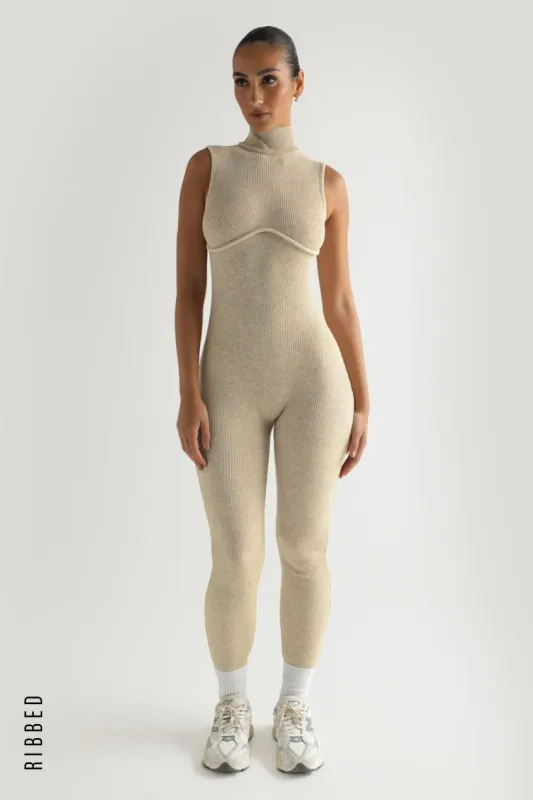 Shape You Ribbed Jumpsuit - Oatmeal sold by My outfit online