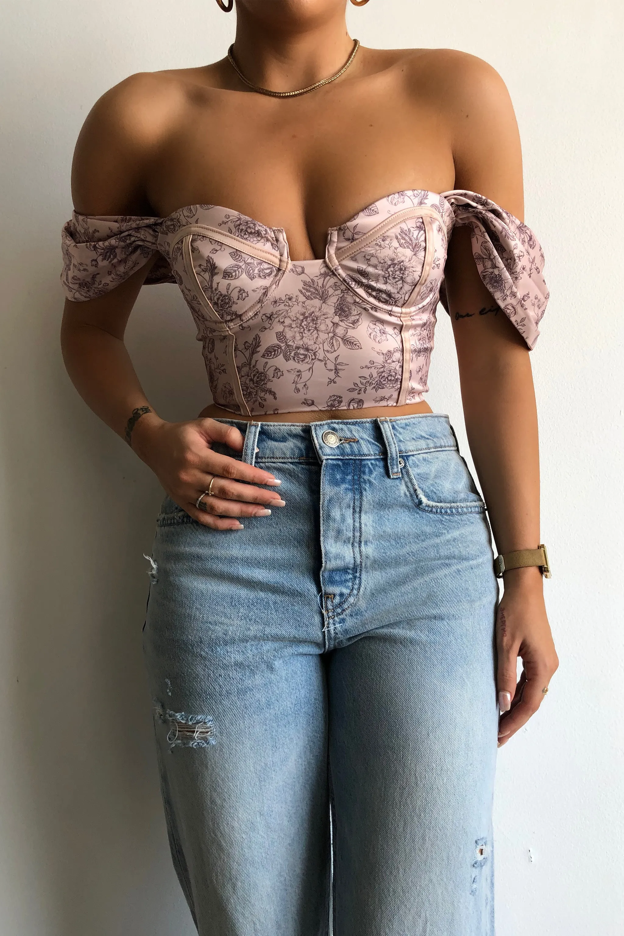 Off The Shoulder Corset Top- Floral Print Pink sold by My outfit online