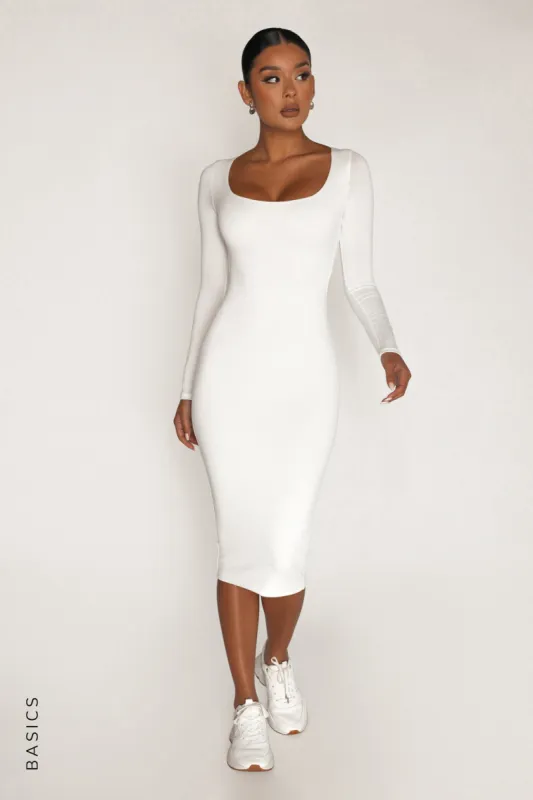 Round Neck Long Sleeve Midi Dress - White sold by My outfit online