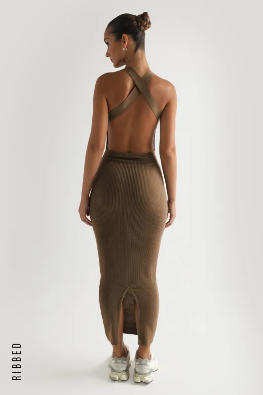 Celeste Cross Back Ribbed Maxi Dress - Brown sold by My outfit online