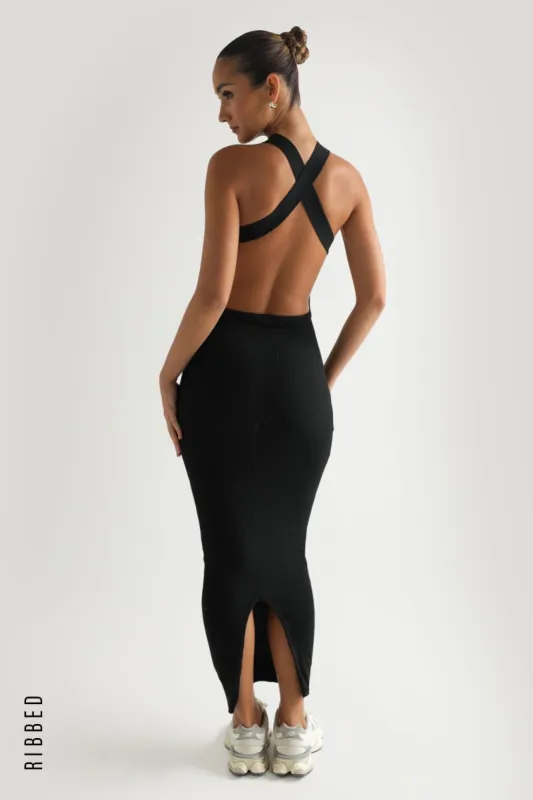 Celeste Cross Back Ribbed Maxi Dress - Black sold by My outfit online
