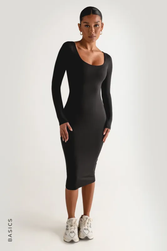 Round Neck Long Sleeve Midi Dress - Black sold by My outfit online