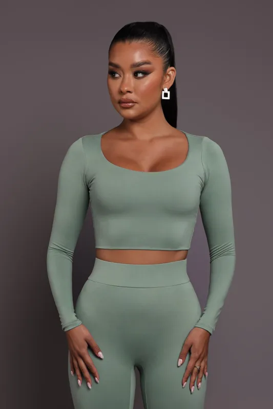 Round Neck Long Sleeve Crop Top - Dark Sage sold by My outfit online