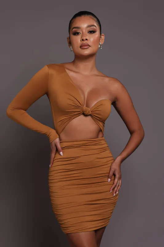 Venice Ruched Mini Dress - Camel sold by My outfit online
