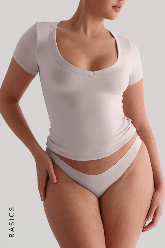 V-Shape Short Sleeve T-Shirt - Soft Beige sold by My outfit online