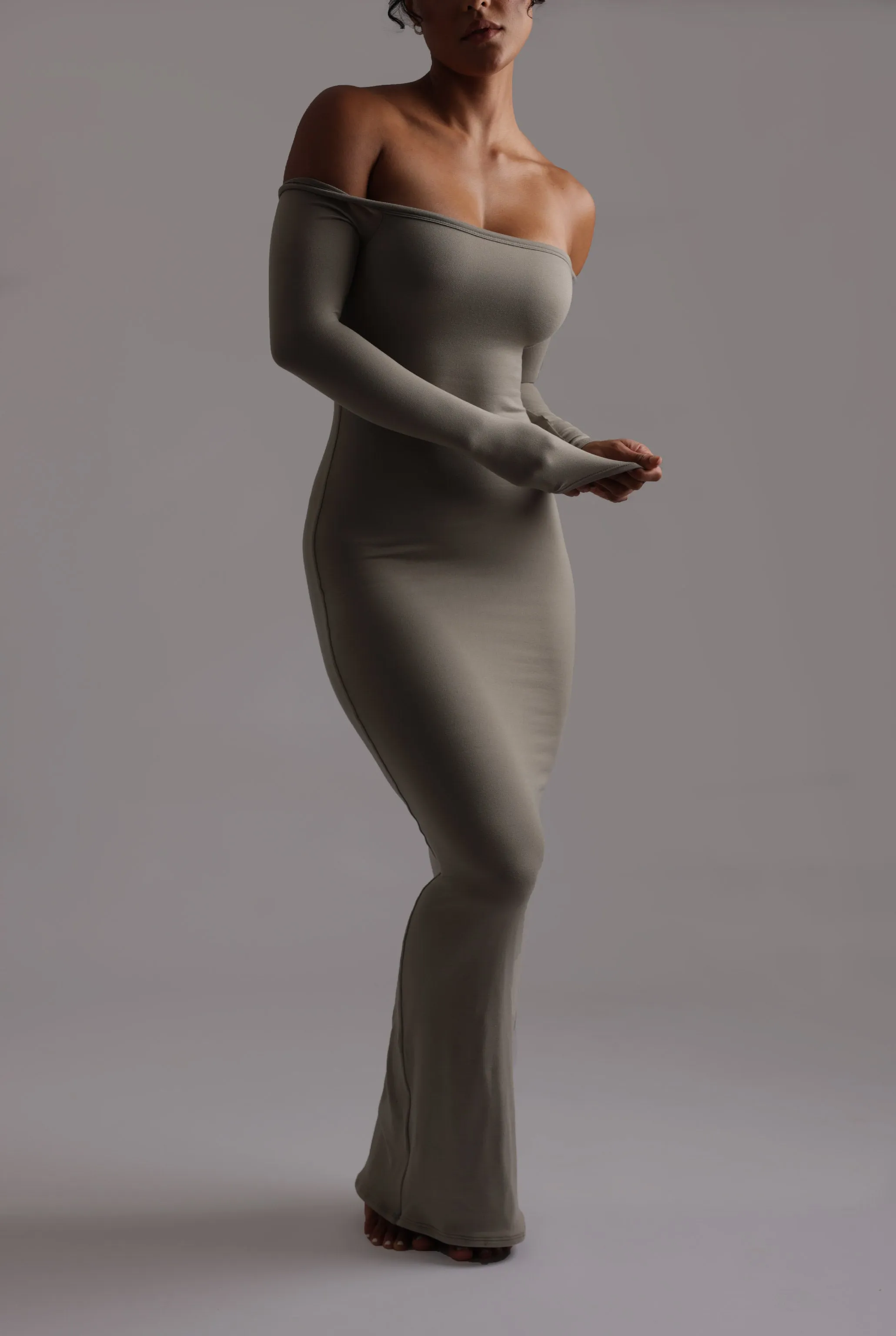 Off The Shoulder Banded Long Sleeve Maxi Dress - Quiet Sage sold by My outfit online