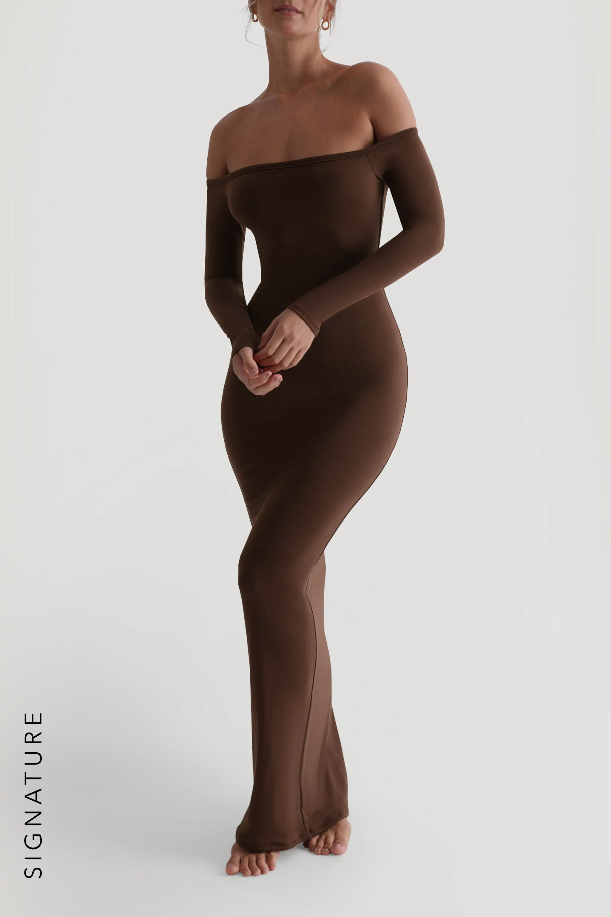 Off The Shoulder Banded Long Sleeve Maxi Dress - Cocoa sold by My outfit online
