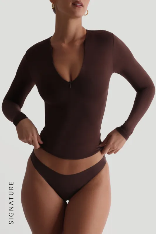 Zip-Up Long Sleeve T-Shirt - Chocolate sold by My outfit online