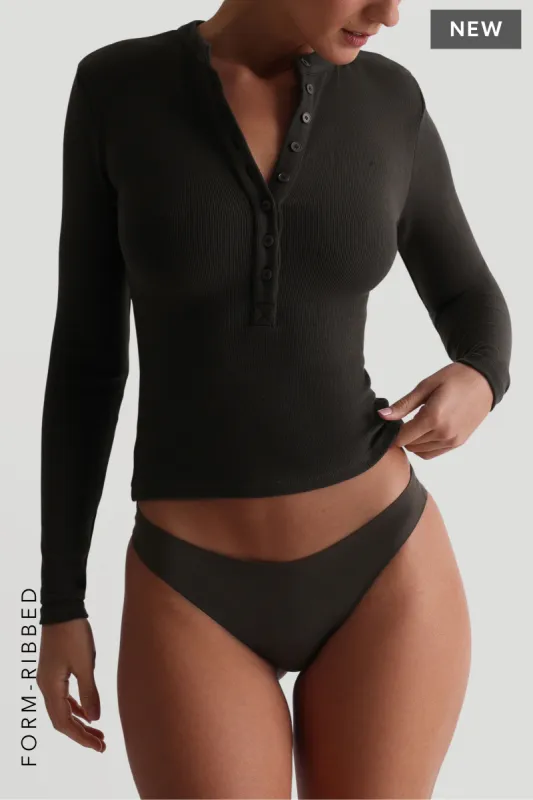 Form-Ribbed Button-Up Long Sleeve T-Shirt - Charcoal sold by My outfit online