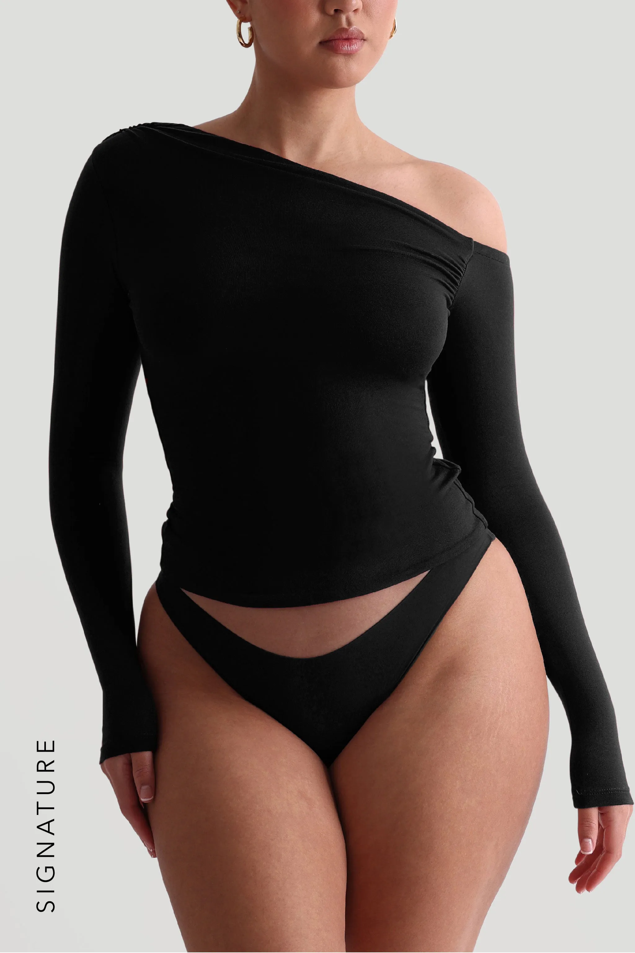 The Ruched Asymmetrical Long Sleeve Top - Black sold by My outfit online