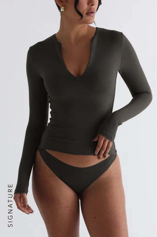 Zip-Up Long Sleeve T-Shirt - Charcoal sold by My outfit online