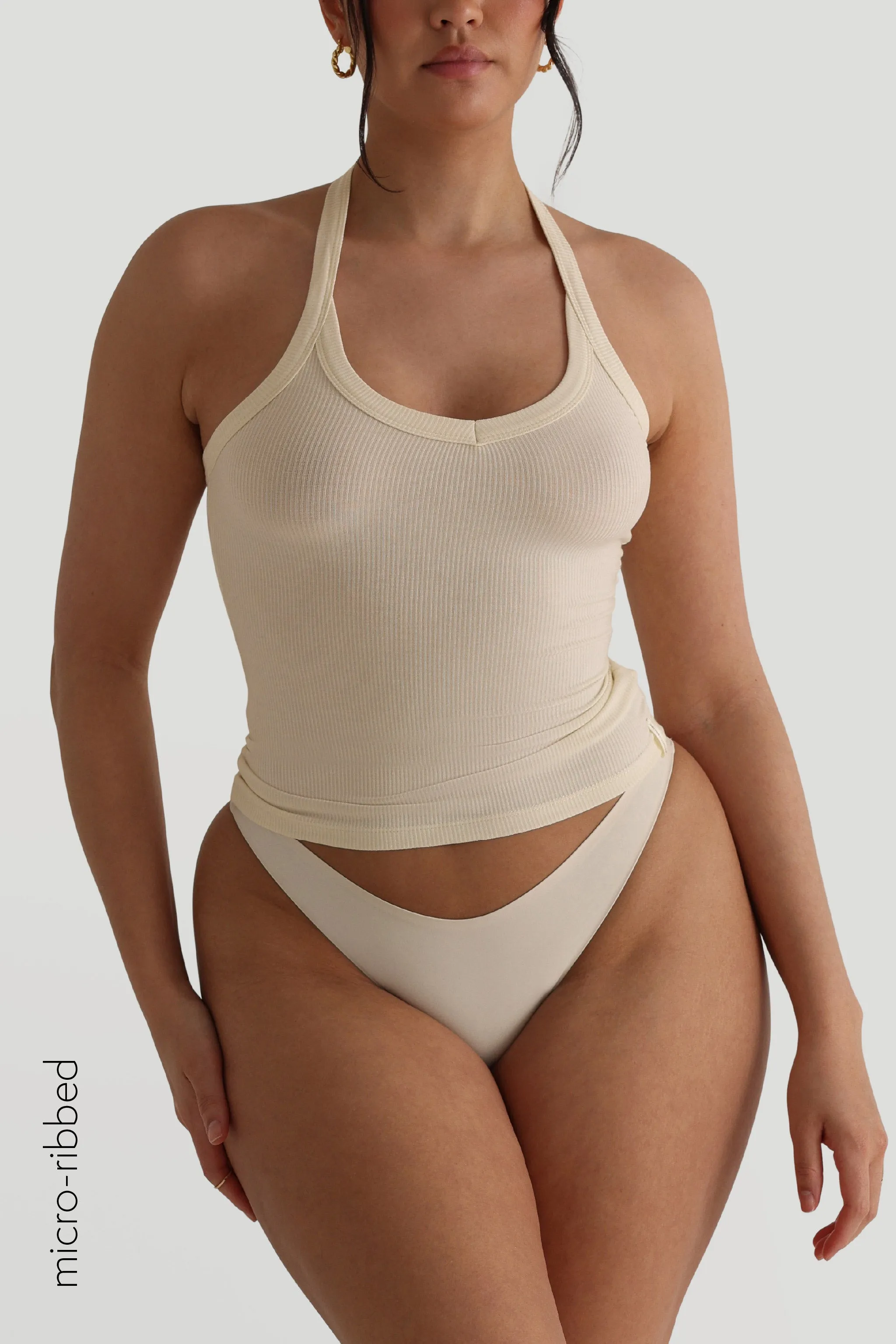 V-Neck Micro-Ribbed Halter Top - Soft Honey sold by My outfit online