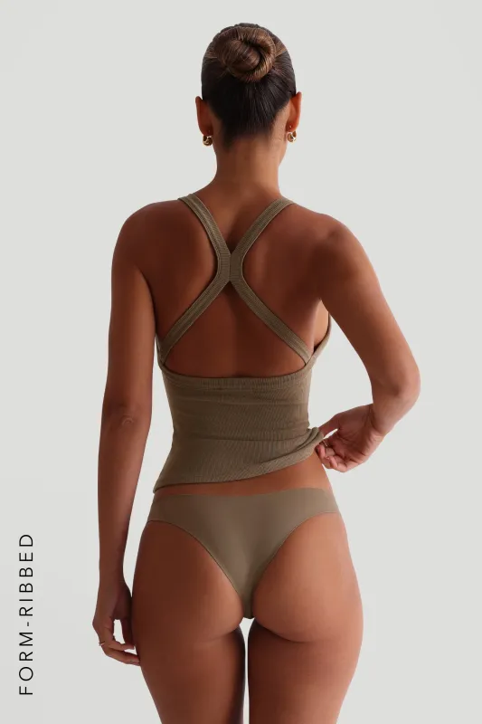 Form-Ribbed Plunge Split-Back Tank Top - Silver Sand sold by My outfit online